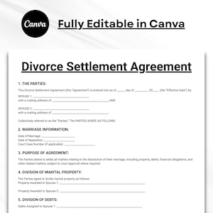 Op de afbeelding: Een wit document met de titel Divorce Settlement Agreement in zwarte tekst. Het formulier bevat secties voor The Parties, Marriage Information, Purpose of Agreement, Division of Marital Property en Division of Debts. Volledig bewerkbaar in Canva.