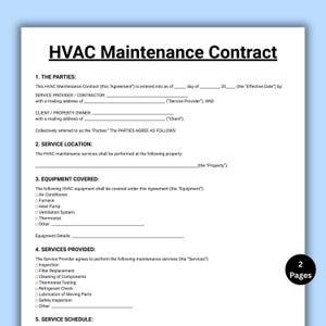 Könnte beinhalten: HVAC-Wartungsvertragsdokument mit dem Titel oben. Das Dokument enthält Abschnitte für Parteien, Einsatzort, abgedeckte Geräte, erbrachte Leistungen und Wartungsplan. Das Dokument ist zwei Seiten lang.