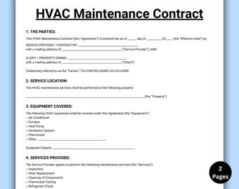 HVAC Maintenance Contract, Cooling and Heating Service Agreement Form Air Conditioning Template, Printable, Editable Canva, Instant Download