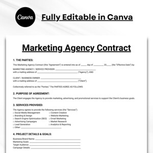 May include: A black and white document titled Marketing Agency Contract with sections for parties, purpose, services provided, and project details. The text includes a list of services like social media management and branding, with a Canva logo at the top.
