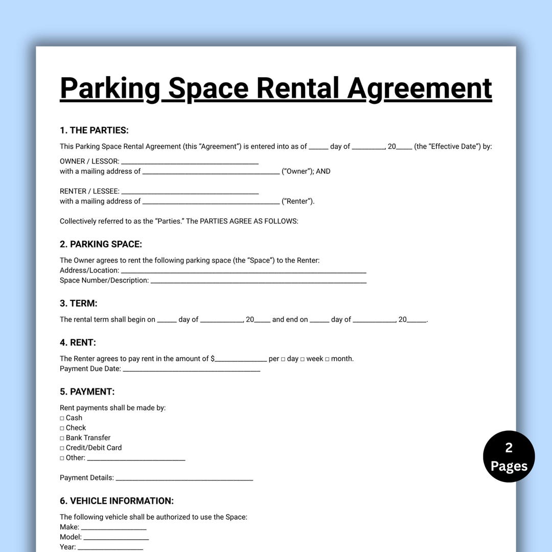 Parking Space Rental Agreement, Lease Contract Template, RV Parking ...