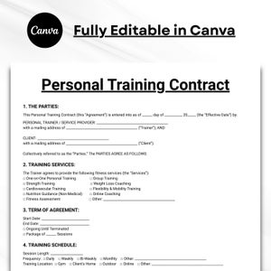 Personal Training Contract, Fitness Services Agreement Template, Trainer Form, Workout Program, Printable Editable Instant Digital Download