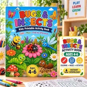 Può includere: Un libro di attività stampabile per bambini Bugs & Insects con illustrazioni colorate di un'ape, una coccinella, una libellula, un bruco e una formica in un giardino. La copertina include il testo Bugs & Insects Kids Printable Activity Book.