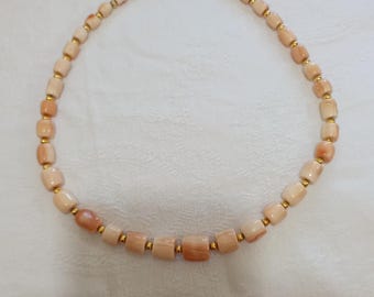 Vintage Carved Shell Barrel Bead Choker - 46g Hand-Strung Organic Mother of Pearl Style Necklace - 42cm Delicate Beach Boho Statement Piece