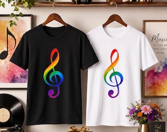 Rainbow Treble Clef Men Women TShirt, Colorful Music Teacher Gift, Pride Tee