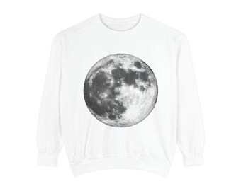 Sudadera teñida con diseño de luna llena, cuello redondo con estampado lunar celestial, jersey de astronomía