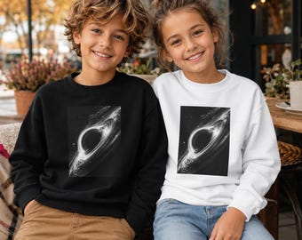 Youth Kids Black Hole Crewneck Sweatshirt, Monochrome Cosmic Galaxy Print, Astronomy Science Gift
