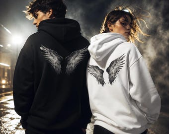 Angel Wings Back Print Men Women Hoodie, Gothic Spiritual Streetwear  Unisex Sweatshirt