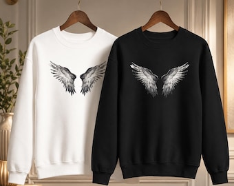 Youth Kids Angel Wings Crewneck Sweatshirt, Gothic Minimalist Pullover, Guardian Angel Gift