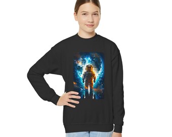 Astronaut Youth Crewneck Sweatshirt, Cosmic Portal Galaxy Science Sweater