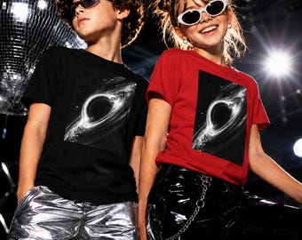 Youth Kids Black Hole Cosmic Scene TShirt, Monochrome Space Design Tee