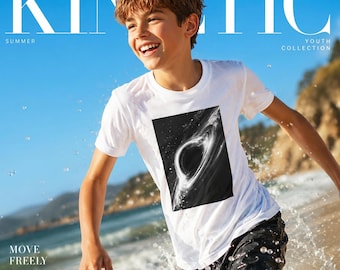 Youth Kids Black Hole Cosmic Scene TShirt, Monochrome Space Design Tee