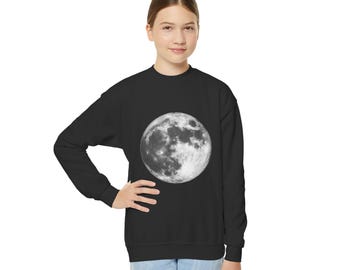 Sudadera juvenil de cuello redondo con estampado de luna llena, jersey espacial lunar celestial.