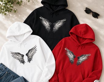 Unisex Angel Wings Men Women Hoodie, Gothic Minimalist Front Print Sweatshirt