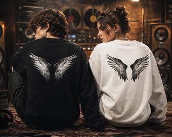 Gothic Angel Wings Back Print Men Women Sweatshirt, Unisex Crewneck Pullover Streetwear