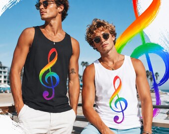 Rainbow Treble Clef Men Women Tank Top, Unisex Garment-Dyed Music Lover Shirt