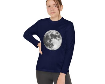 Camiseta deportiva de manga larga con estampado de luna llena para jóvenes, camiseta de astronomía de la superficie lunar.