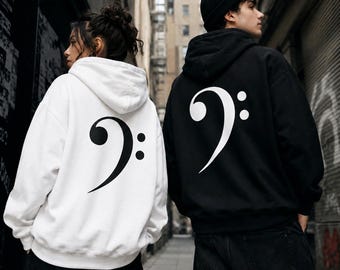 Bass Clef Back Print Men Women Hoodie, Unisex Music Pullover, Minimalist Bass Player Gift