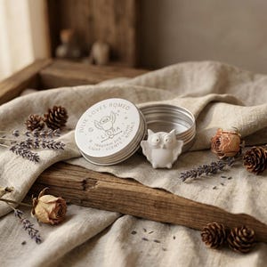 Könnte beinhalten: Eine runde silberne Metalldose mit einem Deckel, der eine Eulen-Grafik und den Text JULIE LOVES ROMEO LIORA TRÄGERIN DES LICHTS LIGHT SCENTS RITUALS zeigt. Neben der offenen Dose steht eine kleine weiße Eulenfigur aus Keramik mit großen Augen.