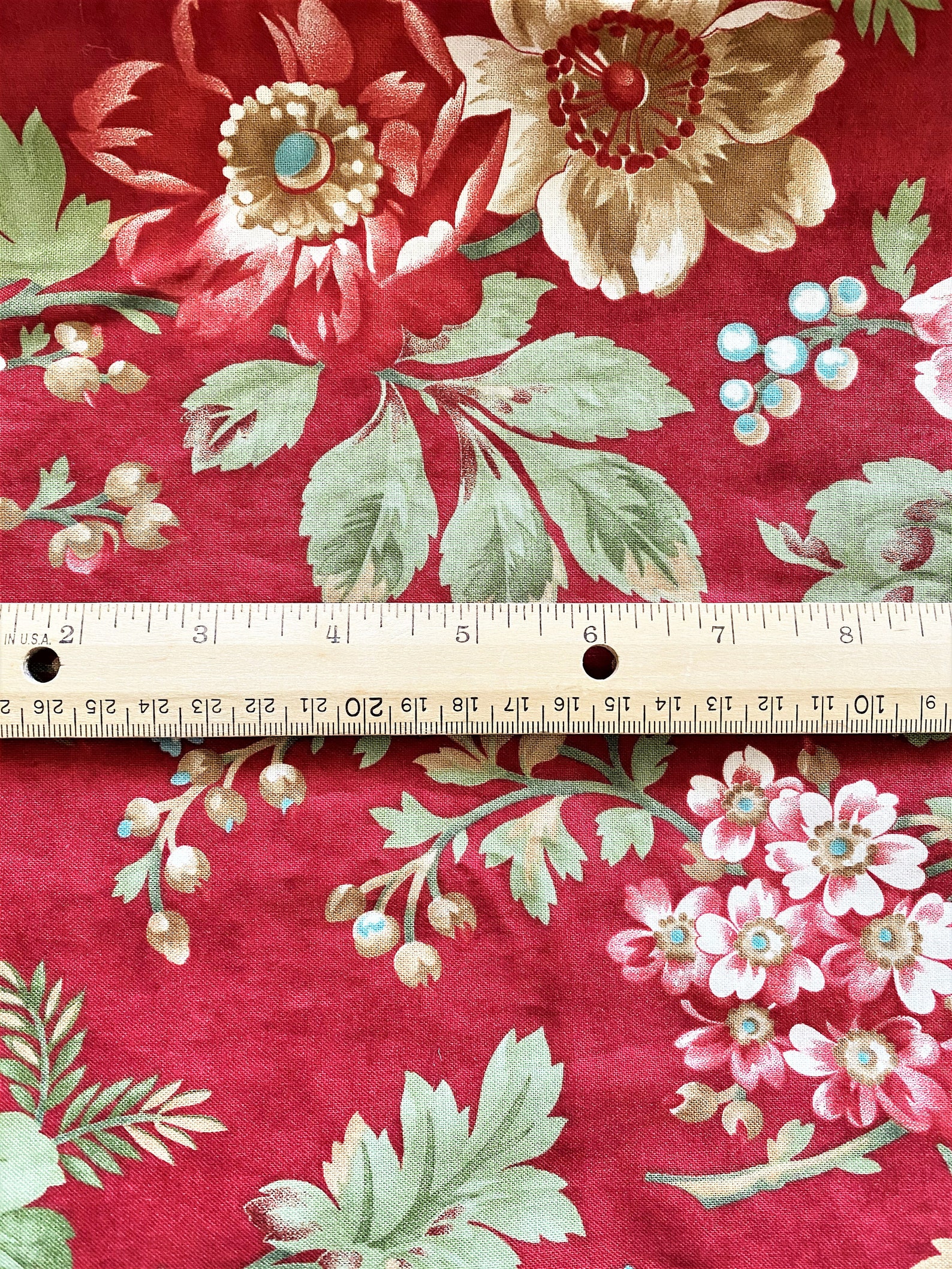 Fabric remnant//bright red sage green white floral Etsy
