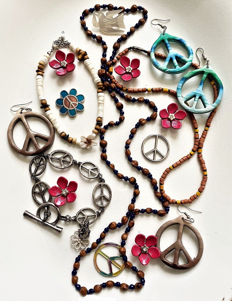 jewelry craft lot destashFlower Child PeaceThemereclaimed for repurposing or wearing--mixed lot of 17 items