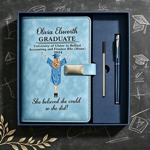 Puede incluir: Un cuaderno azul claro con un cierre magnético dorado, que presenta una ilustración impresa de un graduado con toga y birrete, texto personalizado que incluye el nombre Olivia Elsworth y un bolígrafo azul a juego en una caja azul oscuro.
