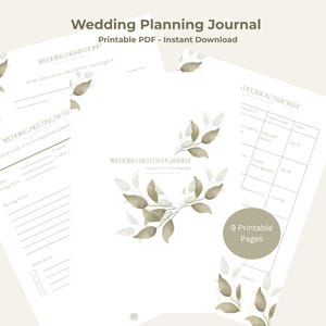 Könnte beinhalten: Ein Hochzeitsplanungsjournal als druckbares PDF mit 9 Seiten, weißem Hintergrund, salbeigrünen Aquarellblatt-Illustrationen und Text, darunter Wedding Planning Journal, Wedding Brain Dump, Wedding Meeting Notes und Decision Tracker.