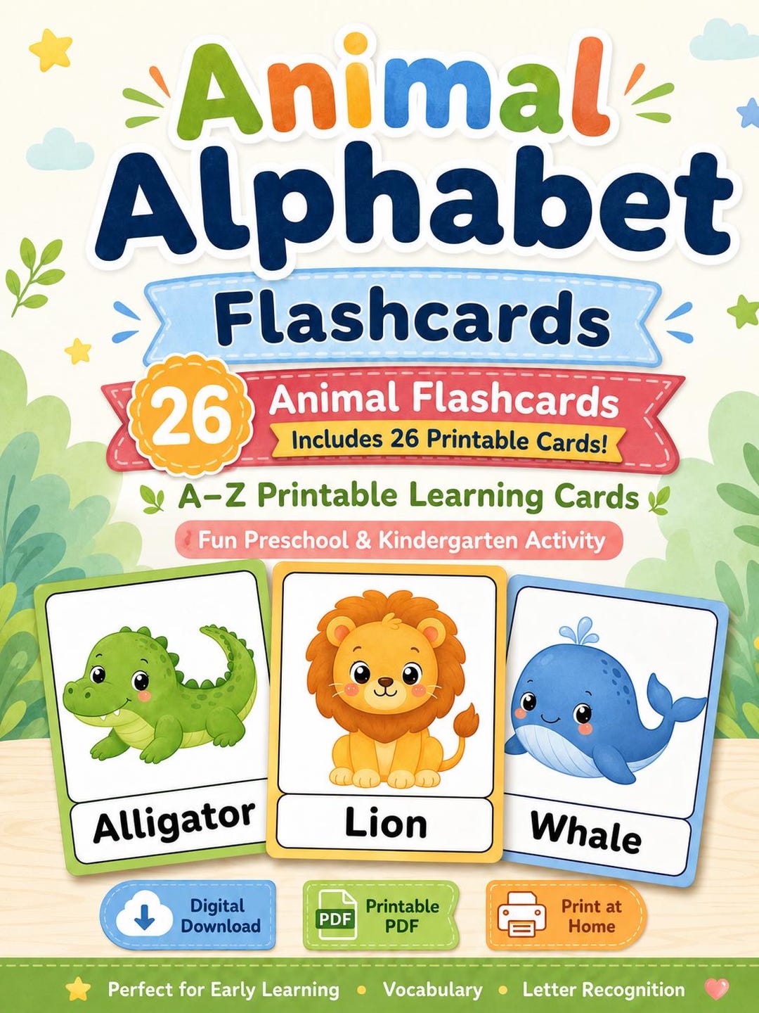 Animal Alphabet Flashcards A-Z Printable, Preschool Learning Cards