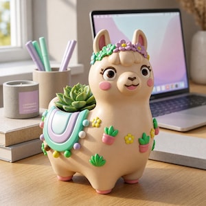 Può includere: Un vaso a forma di lama color beige con una pianta succulenta verde sul dorso. Il lama presenta una sella color menta e lavanda pastello, una corona di fiori e piccole applicazioni decorative a forma di cactus e fiori. Ha guance rosa e occhi marroni.