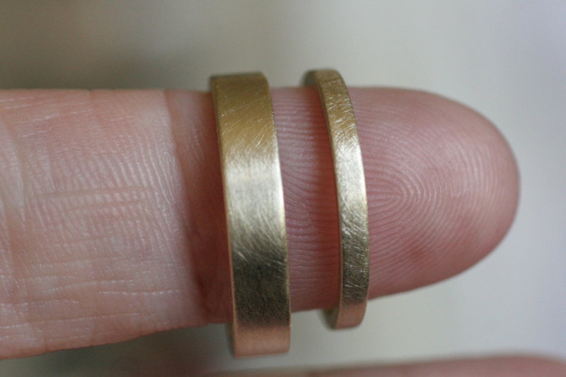 14k Gold Flat Wedding Band Set Satin Finish 2 Rings Etsy