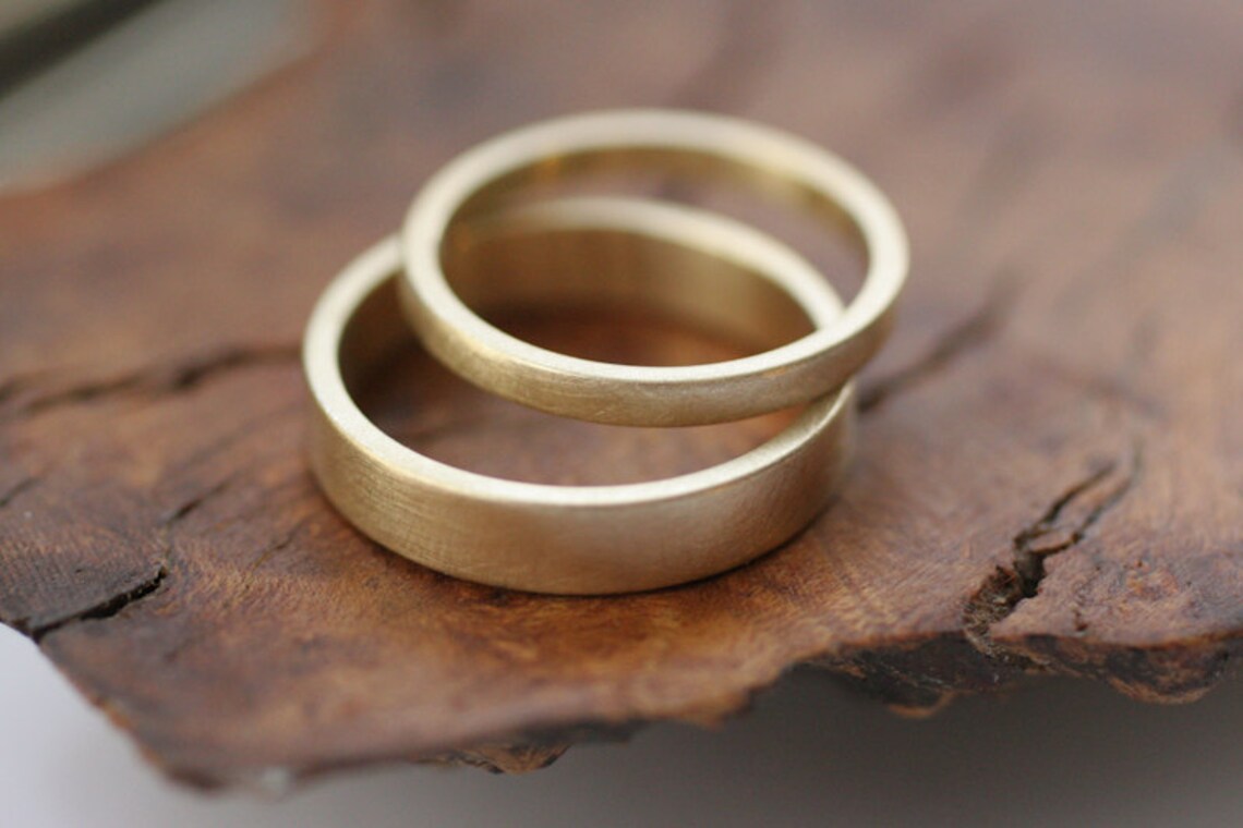 14k Gold Flat Wedding Band Set Satin Finish 2 Rings Etsy