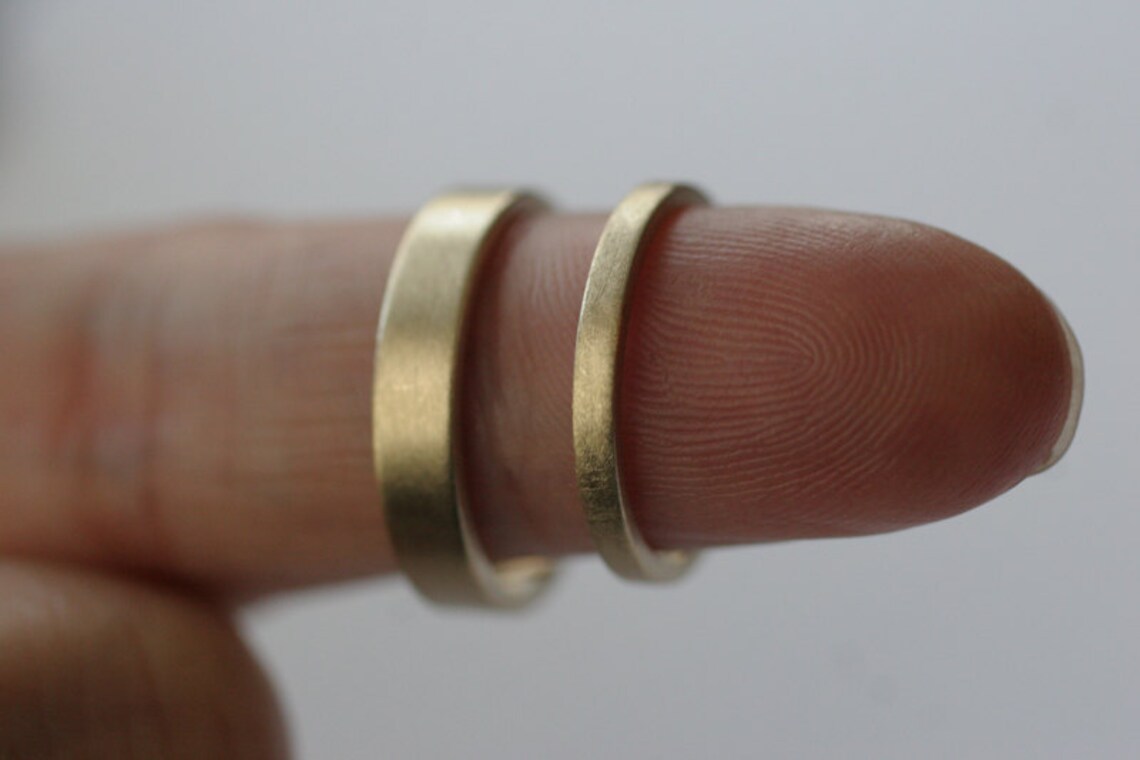 14k Gold Flat Wedding Band Set Satin Finish 2 Rings Etsy