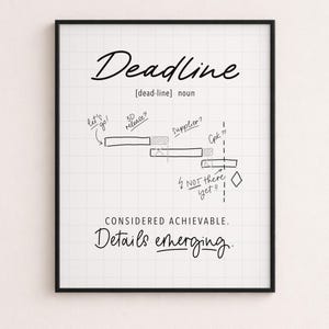 Puede incluir: Una lámina enmarcada sobre fondo de cuadrícula con la palabra Deadline, su fonética y un gráfico de cronograma de proyecto dibujado a mano. El texto incluye notas como let's go, 3D release, Supplier, Cpk y NOT there yet, además de la frase CONSIDERED ACHIEVABLE. Details emerging.