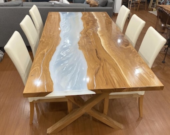 Custom Walnut Epoxy River Dining Table, Live Edge Resin Furniture