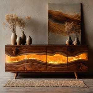 May include: A rectangular wooden sideboard featuring four cabinet doors with a horizontal, illuminated resin inlay that glows with a warm amber light. The piece stands on four tapered legs and is topped with several ceramic vases and dried plants.