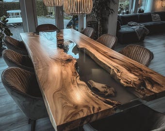 Resin River Dining Table, Handmade Walnut Table, Custom Epoxy Furniture, Live Edge Dining Table, Luxury Design