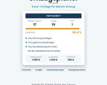 Moving Planner Excel Template (German) | Checklist, Budget & Address Changes | Plan Your Move with Handover Protocol | Instant Download