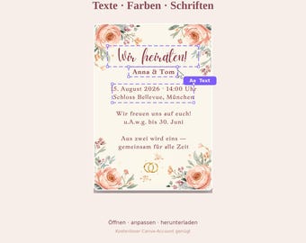 Wedding Invitation Template for Customization | Editable Canva Template with Watercolor Roses and Pastel Patterns | Instant Download Invitation Card