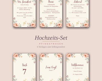 Wedding Set Template for Editing | Invitation Menu Place Card Table Number RSVP Welcome Sign | Peonies Boho | Canva Print Template