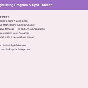Op de afbeelding: Een digitaal Weightlifting Program & Split Tracker document met een paarse koptekst. Het bevat functies zoals Google Sheets en Excel compatibiliteit, twee kleurenedities, native formules, automatische updates en een installatiegids.