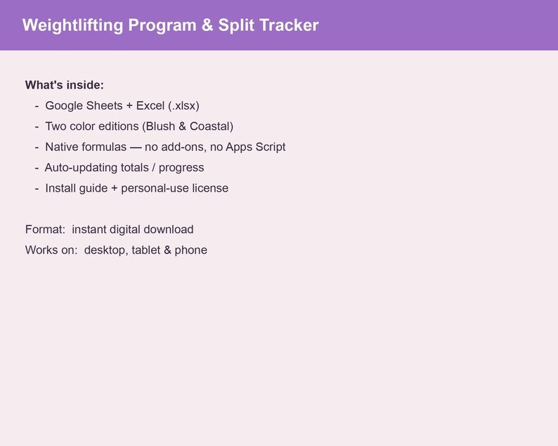 Op de afbeelding: Een digitaal Weightlifting Program & Split Tracker document met een paarse koptekst. Het bevat functies zoals Google Sheets en Excel compatibiliteit, twee kleurenedities, native formules, automatische updates en een installatiegids.