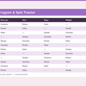 Op de afbeelding: Een digitaal Weightlifting Program & Split Tracker spreadsheet met een paarse koptekst en afwisselende lichtpaarse rijen. De tabel bevat kolommen voor Day, Exercise, Sets, Reps, Weight en Done, met voorbeeldteksten zoals Groceries, Review en Notes.