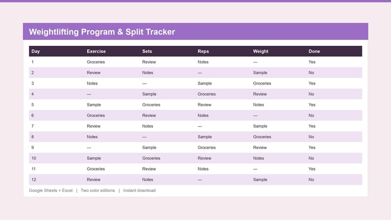 Op de afbeelding: Een digitaal Weightlifting Program & Split Tracker spreadsheet met een paarse koptekst en afwisselende lichtpaarse rijen. De tabel bevat kolommen voor Day, Exercise, Sets, Reps, Weight en Done, met voorbeeldteksten zoals Groceries, Review en Notes.