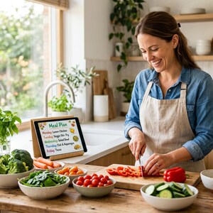 May include: A tablet displaying a weekly meal plan sits on a wooden stand next to a wooden cutting board. The screen lists Monday through Friday with food items. Various bowls containing fresh broccoli, spinach, tomatoes, and sliced peppers are present.