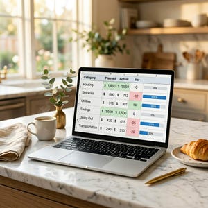 May include: A laptop displaying a budget spreadsheet sits on a marble countertop. Beside it are a cup of coffee, a croissant, and a pen. The screen shows categories like housing, groceries, and utilities with planned and actual expenses.