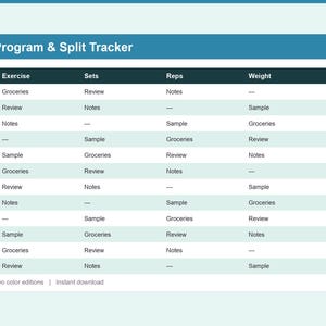 Op de afbeelding: Een digitaal spreadsheet-sjabloon Weightlifting Program & Split Tracker met een blauwe koptekst. De tabel bevat kolommen voor Day, Exercise, Sets, Reps, Weight en Done, met twaalf rijen voorbeeldgegevens waaronder Groceries, Review en Notes.