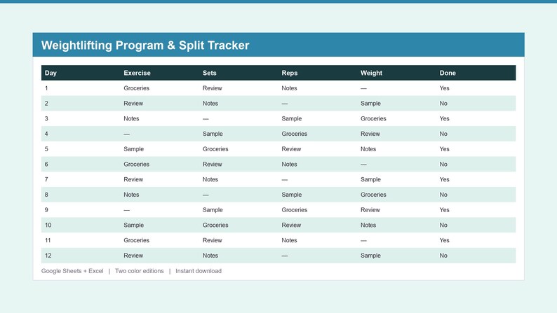 Op de afbeelding: Een digitaal spreadsheet-sjabloon Weightlifting Program & Split Tracker met een blauwe koptekst. De tabel bevat kolommen voor Day, Exercise, Sets, Reps, Weight en Done, met twaalf rijen voorbeeldgegevens waaronder Groceries, Review en Notes.