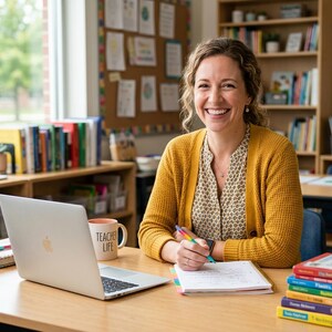 May include: A smiling individual wearing a mustard yellow cardigan over a patterned blouse, seated at a wooden desk with a silver laptop, a mug labeled Teacher Life, a pencil holder with colorful pens, and a stack of books in a classroom setting.