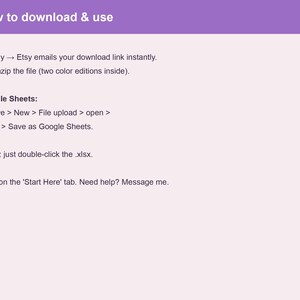 Op de afbeelding: Een instructieafbeelding met een paarse koptekst getiteld How to download & use. Het bevat stappen voor digitale bestanden: 1. Buy, 2. Unzip the file. Het geeft instructies voor Google Sheets en Excel, eindigend met Start on the 'Start Here' tab.
