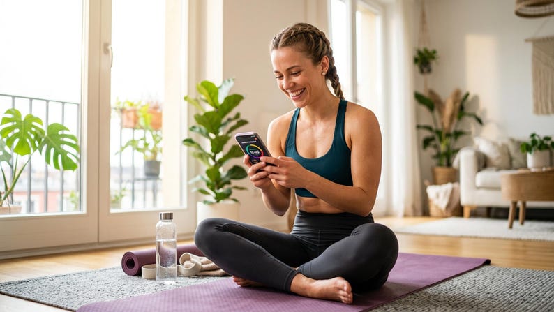 Op de afbeelding: Een persoon in een donkergroene sportbeha en zwarte legging zit in kleermakerszit op een paarse yogamat. Ze houden een smartphone vast met een kleurrijke ronde timer. Een doorzichtige waterfles en een opgerolde paarse yogamat liggen ernaast.